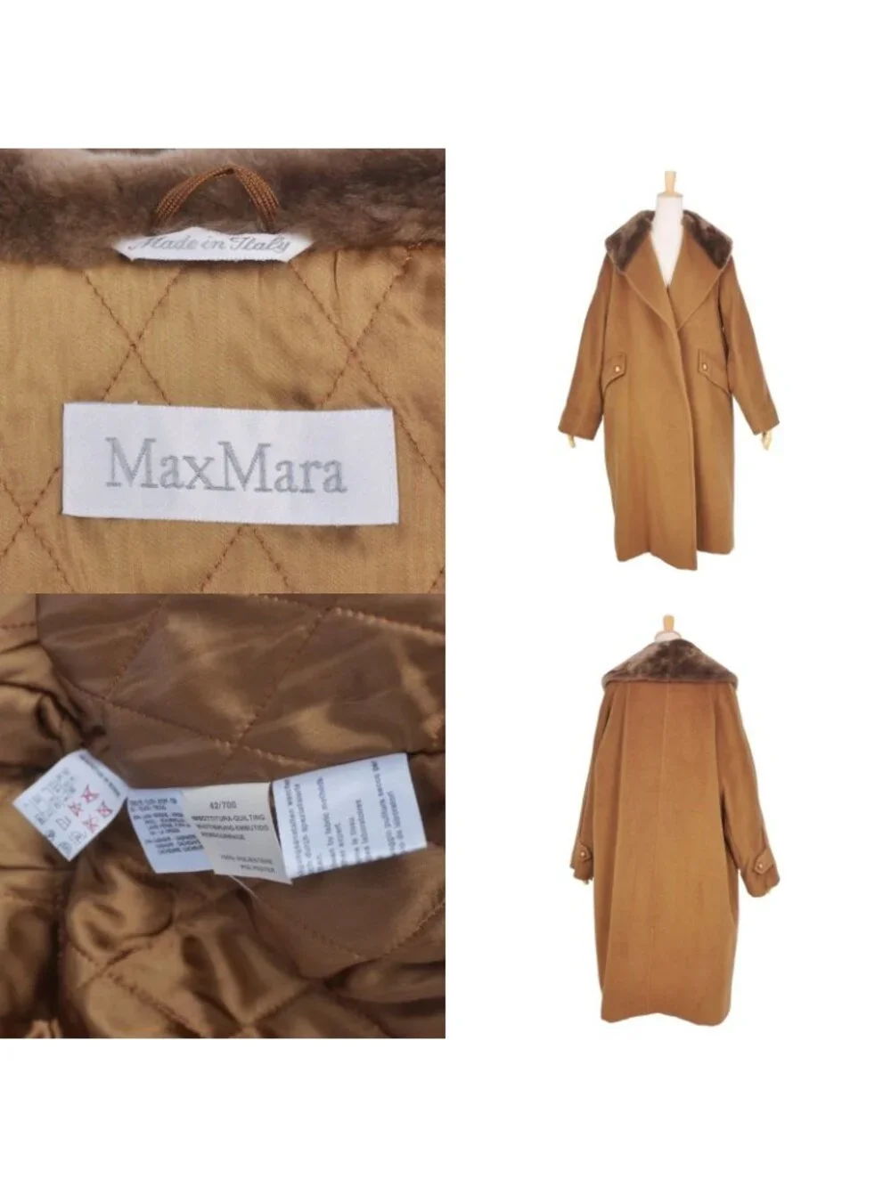Max Mara Wool Cashmere Coat Long White Tag Buttonless Collar Fur Brown